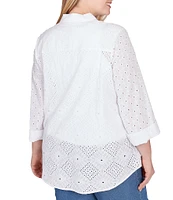 Ruby Rd. Plus Size Eyelet Diamond Woven Point Collar 3/4 Roll-Tab Sleeve Button-Front Shirt