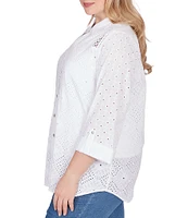 Ruby Rd. Plus Size Eyelet Diamond Woven Point Collar 3/4 Roll-Tab Sleeve Button-Front Shirt