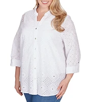 Ruby Rd. Plus Size Eyelet Diamond Woven Point Collar 3/4 Roll-Tab Sleeve Button-Front Shirt