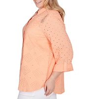 Ruby Rd. Plus Size Eyelet Diamond Woven Point Collar 3/4 Roll-Tab Sleeve Button-Front Shirt