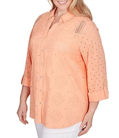 Ruby Rd. Plus Size Eyelet Diamond Woven Point Collar 3/4 Roll-Tab Sleeve Button-Front Shirt