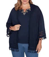 Ruby Rd. Plus Size Fine-Gauze Tassel Lace Trim 3/4 Sleeve Open-Front Cardigan