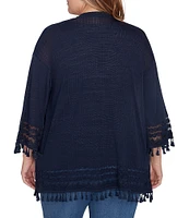 Ruby Rd. Plus Size Fine-Gauze Tassel Lace Trim 3/4 Sleeve Open-Front Cardigan