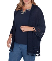 Ruby Rd. Plus Size Fine-Gauze Tassel Lace Trim 3/4 Sleeve Open-Front Cardigan