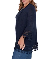 Ruby Rd. Plus Size Fine-Gauze Tassel Lace Trim 3/4 Sleeve Open-Front Cardigan