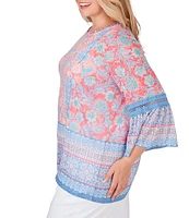 Ruby Rd. Plus Size Floral Border Print Knit Ruffle Trim Crew Neck 3/4 Flounce Sleeve Top