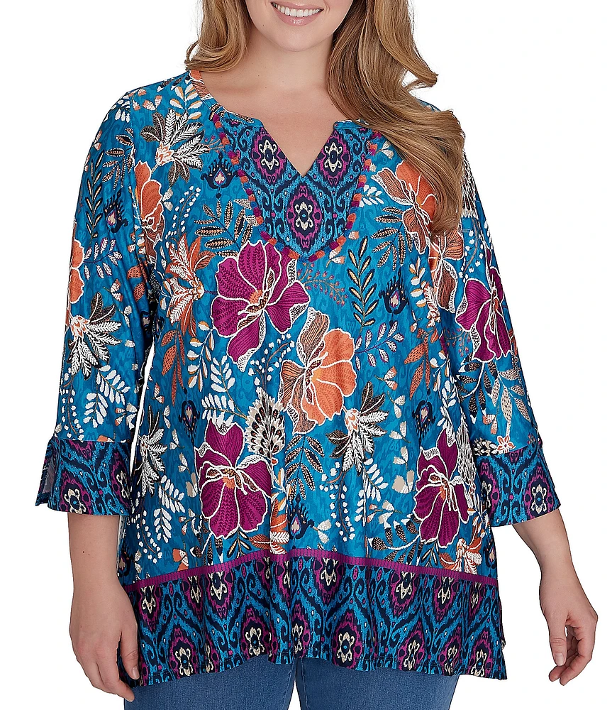 Ruby Rd. Plus Size Floral Contrast Border Print Fringe Trim Detail V-Neck 3/4 Sleeve Tunic Top