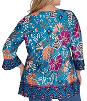 Ruby Rd. Plus Size Floral Contrast Border Print Fringe Trim Detail V-Neck 3/4 Sleeve Tunic Top