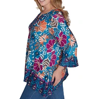 Ruby Rd. Plus Size Floral Contrast Border Print Fringe Trim Detail V-Neck 3/4 Sleeve Tunic Top