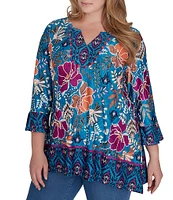 Ruby Rd. Plus Size Floral Contrast Border Print Fringe Trim Detail V-Neck 3/4 Sleeve Tunic Top