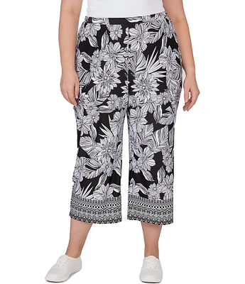 Ruby Rd. Plus Size Floral Geo Border Print Wide Leg Pull-On Coordinating Capri Pants