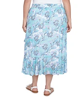 Ruby Rd. Plus Size Floral Mesh Asymmetrical Ruffle Hem Pull-On Skirt