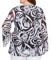 Ruby Rd. Plus Size Floral Mesh V-Neck Long Flounce Sleeve Top