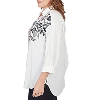 Ruby Rd. Plus Size Floral Placement Print Point Collar Roll-Tab Sleeve Side Button Detail Shirt