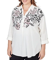 Ruby Rd. Plus Size Floral Placement Print Point Collar Roll-Tab Sleeve Side Button Detail Shirt