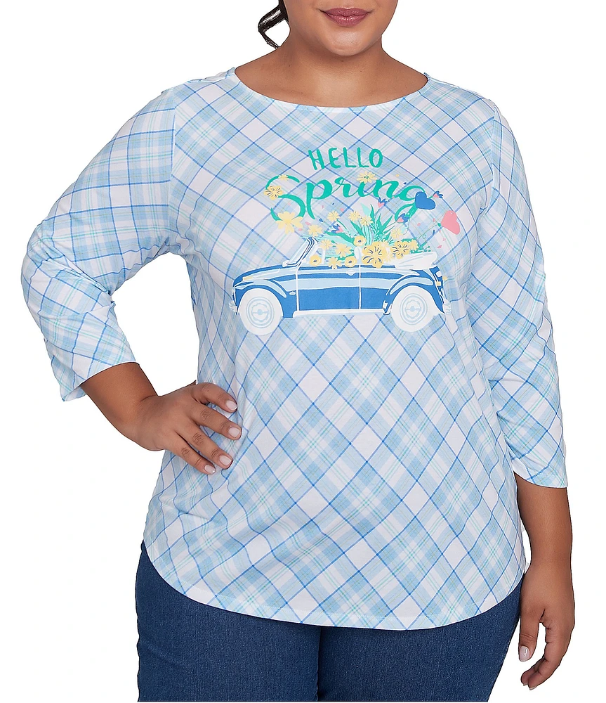 Ruby Rd. Plus Size Hello Spring Plaid Crew Neck 3/4 Sleeve Knit Top