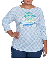 Ruby Rd. Plus Size Hello Spring Plaid Crew Neck 3/4 Sleeve Knit Top