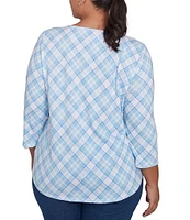 Ruby Rd. Plus Size Hello Spring Plaid Crew Neck 3/4 Sleeve Knit Top
