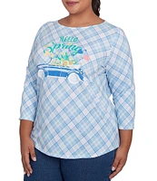 Ruby Rd. Plus Size Hello Spring Plaid Crew Neck 3/4 Sleeve Knit Top