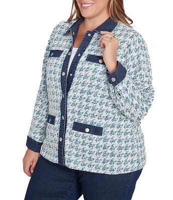 Ruby Rd. Plus Size Houndstooth Boucle Knit Point Collar Long Sleeve Denim Trim Jacket