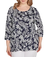 Ruby Rd. Plus Size Jacobean Print Scoop Neck 3/4 Sleeve Top