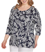 Ruby Rd. Plus Size Jacobean Print Scoop Neck 3/4 Sleeve Top