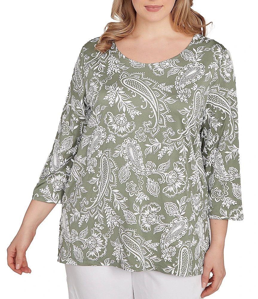 Ruby Rd. Plus Size Jacobean Print Scoop Neck 3/4 Sleeve Top