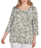 Ruby Rd. Plus Size Jacobean Print Scoop Neck 3/4 Sleeve Top