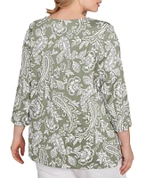 Ruby Rd. Plus Size Jacobean Print Scoop Neck 3/4 Sleeve Top