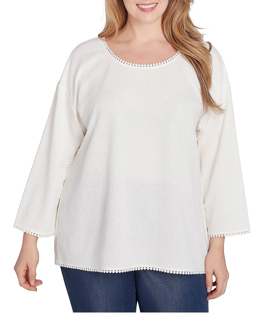 Ruby Rd. Plus Size Jacquard Knit Lace Edge Detail Scoop Neck 3/4 Sleeve Top