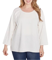 Ruby Rd. Plus Size Jacquard Knit Lace Edge Detail Scoop Neck 3/4 Sleeve Top