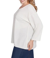 Ruby Rd. Plus Size Jacquard Knit Lace Edge Detail Scoop Neck 3/4 Sleeve Top