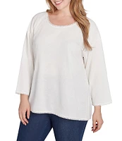 Ruby Rd. Plus Size Jacquard Knit Lace Edge Detail Scoop Neck 3/4 Sleeve Top