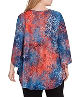 Ruby Rd. Plus Size Jacquard Knit Tie Dye Keyhole Bar Detail 3/4 Sleeve Top