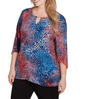 Ruby Rd. Plus Size Jacquard Knit Tie Dye Keyhole Bar Detail 3/4 Sleeve Top