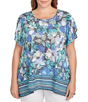 Ruby Rd. Plus Size Jersey Knit Floral Stripe Border Print Round Neck Short Sleeve Sharkbite Hem Top