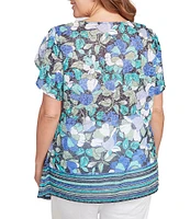 Ruby Rd. Plus Size Jersey Knit Floral Stripe Border Print Round Neck Short Sleeve Sharkbite Hem Top