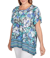 Ruby Rd. Plus Size Jersey Knit Floral Stripe Border Print Round Neck Short Sleeve Sharkbite Hem Top
