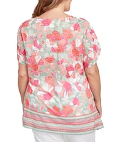 Ruby Rd. Plus Size Jersey Knit Floral Stripe Border Print Round Neck Short Sleeve Sharkbite Hem Top