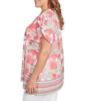 Ruby Rd. Plus Size Jersey Knit Floral Stripe Border Print Round Neck Short Sleeve Sharkbite Hem Top