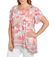 Ruby Rd. Plus Size Jersey Knit Floral Stripe Border Print Round Neck Short Sleeve Sharkbite Hem Top