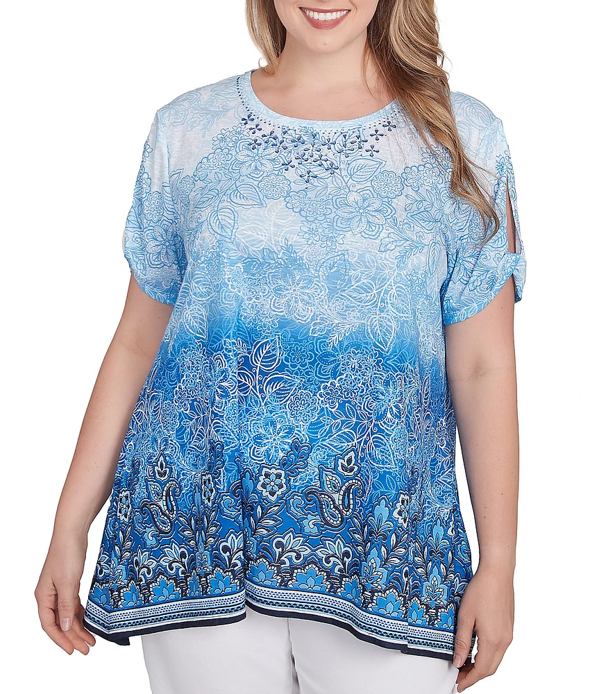 Ruby Rd. Plus Size Jersey Ombre Print Embellished Scoop Neck Short Cut-Out Sleeve Top