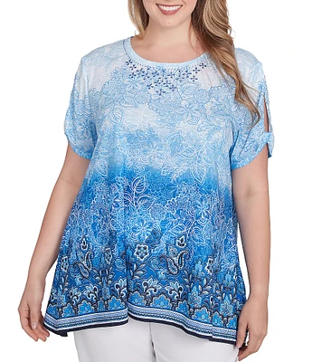 Ruby Rd. Plus Size Jersey Ombre Print Embellished Scoop Neck Short Cut-Out Sleeve Top