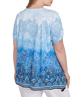 Ruby Rd. Plus Size Jersey Ombre Print Embellished Scoop Neck Short Cut-Out Sleeve Top