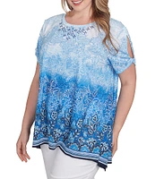 Ruby Rd. Plus Size Jersey Ombre Print Embellished Scoop Neck Short Cut-Out Sleeve Top