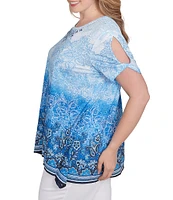 Ruby Rd. Plus Size Jersey Ombre Print Embellished Scoop Neck Short Cut-Out Sleeve Top