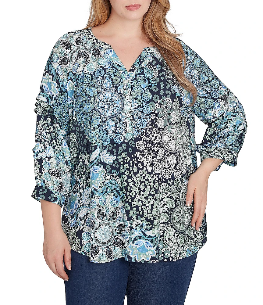 Ruby Rd. Plus Size Kaleidoscope Woven Y-Neck Bracelet Length Sleeve Top