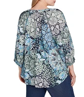 Ruby Rd. Plus Size Kaleidoscope Woven Y-Neck Bracelet Length Sleeve Top