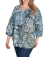 Ruby Rd. Plus Size Kaleidoscope Woven Y-Neck Bracelet Length Sleeve Top