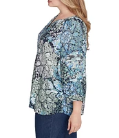 Ruby Rd. Plus Size Kaleidoscope Woven Y-Neck Bracelet Length Sleeve Top